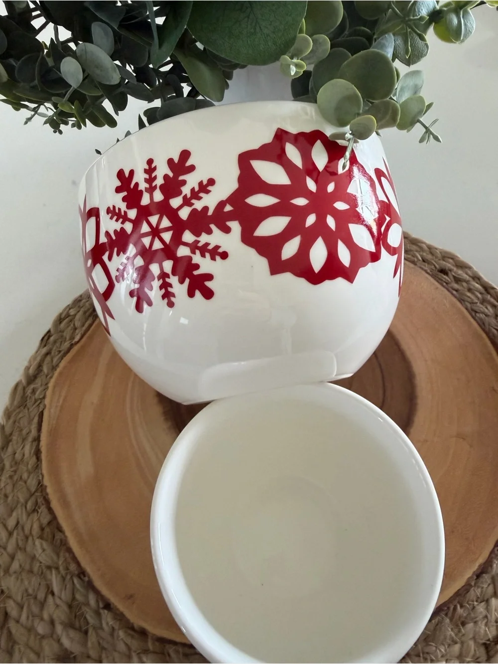 Crate & Barrel Kate Forrester White Ceramic Nesting Bowl Set with Red Snowflakes